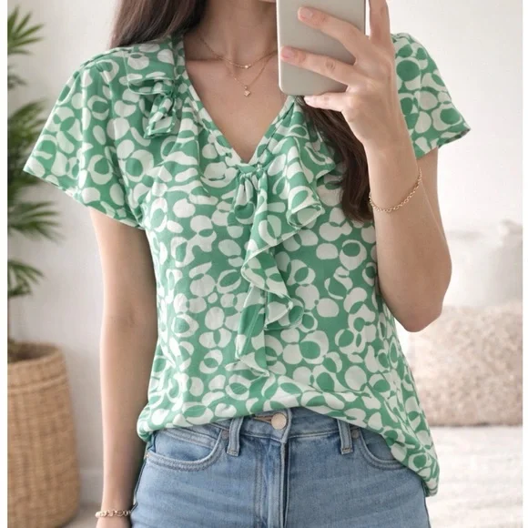 Green Floral Ruffle V-Neck Top - Picture 5 of 6